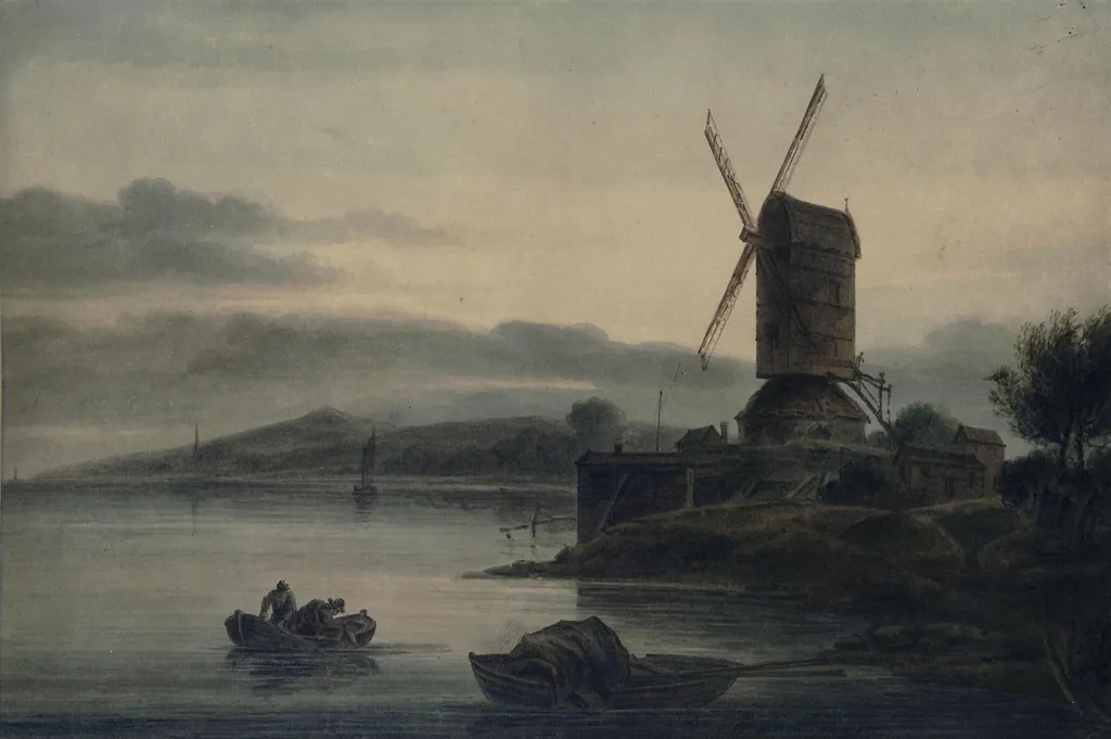 River scene with a windmill, by William P. Sherlock, watercolor, 1810