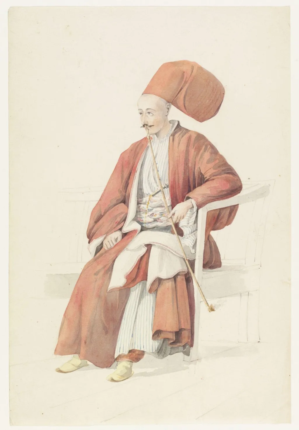 A Bostanci at the Court of the Sultan, seated on a bench, smoking, by William Page, watercolor, 1820