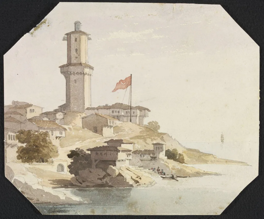 A Turkish Lighthouse, possibly Rumeli Feneri on the Upper Bosphorus at the entrance to the Black Sea, by William Page, watercolor, 1827