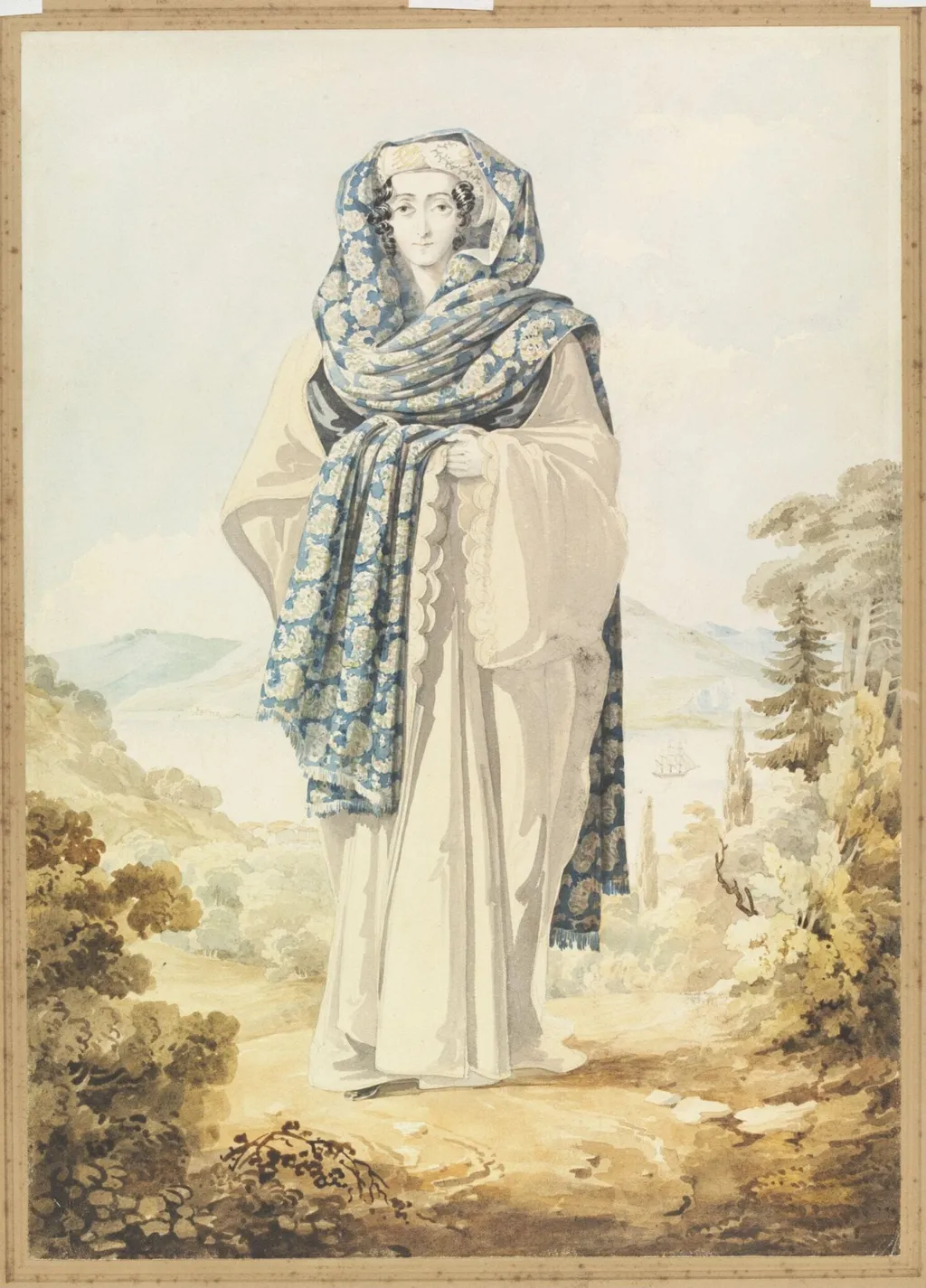 A Woman in Greek Dress, the Bosphorus in the background, by William Page, watercolor, 1818