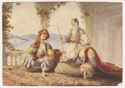 Two Turks, with a Servant, smoking on a Terrace overlooking a Lake or Sea in Turkey or Greece, by William Page