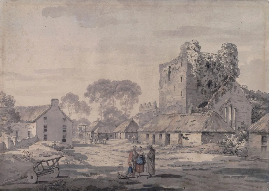 Irish village with ruined church, by William Pars, watercolor, 1771