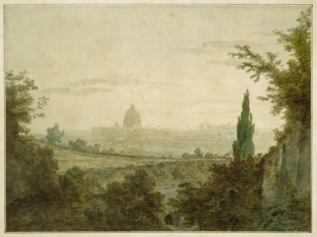 St. Peter's in Rome : View from above the Arco Scuro, near Pope Julius' Villa, by William Pars, watercolor, 1777