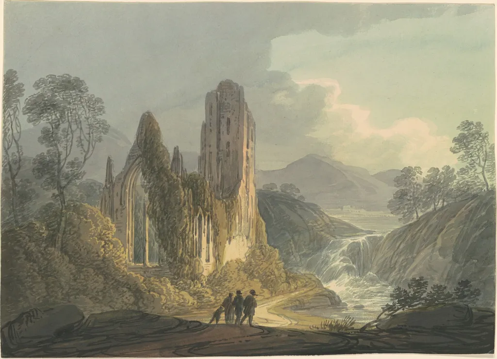 A Ruined Abbey by a Waterfall, by William Payne, gouache, 1800