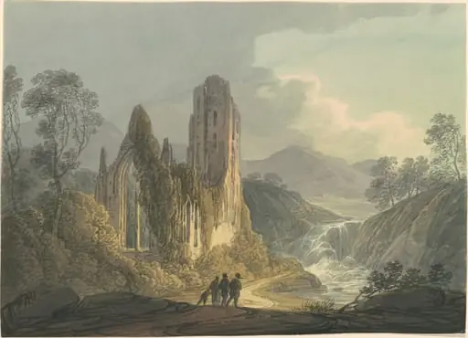 A Ruined Abbey by a Waterfall, by William Payne