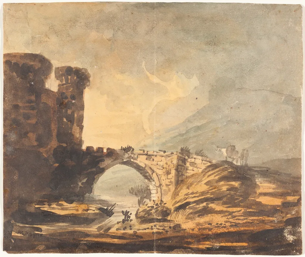 Landscape with a Castle and Bridge, by William Payne, graphite, 1795