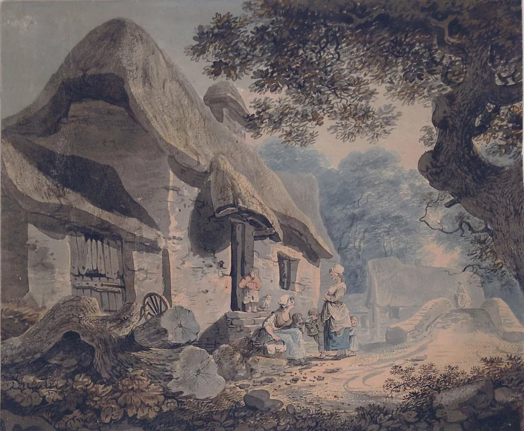 Thatched farm buildings with figures, by William Payne, watercolor