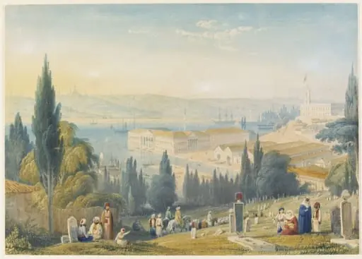 A view of the new Turkish Naval Buildings and Dockyards on the Golden Horn: Constantinople in the background, by William Purser