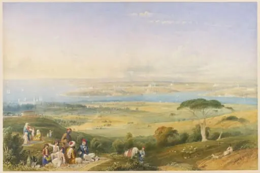 Turks picnicing in fields outside Scutari with a view of Constantinople in the distance, by William Purser