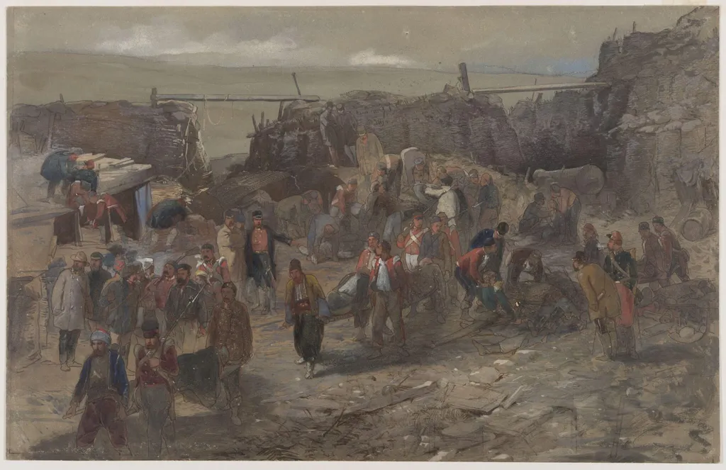 Interior of the Redan Battery after the Fall of Sebastopol, 1855, by William R.I. F.R.G.S. Simpson, watercolor, 1855