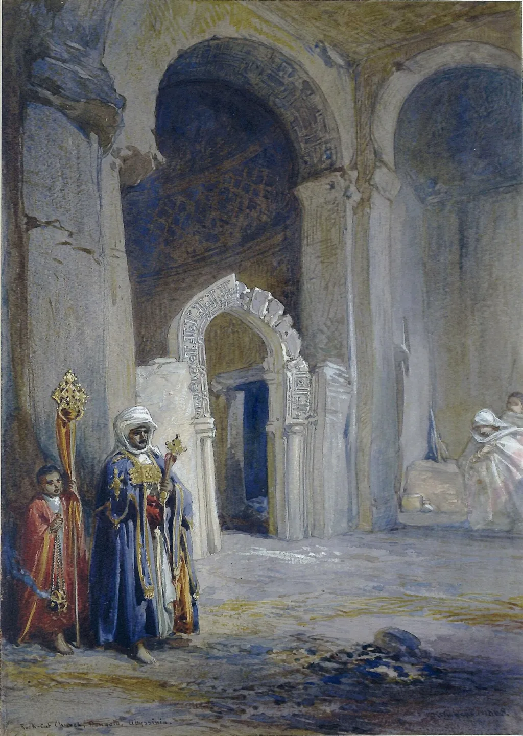 The Rock-Cut Church of Kados Kirkos at Dongola, Abyssinia, by William R.I. F.R.G.S. Simpson, watercolor, 1868