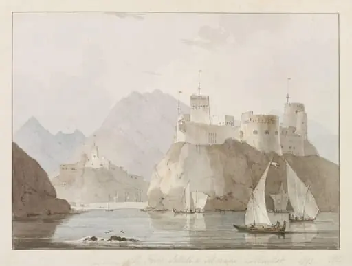 East View of The Forts Jellali & Merani, Muscat, by William RA Daniell
