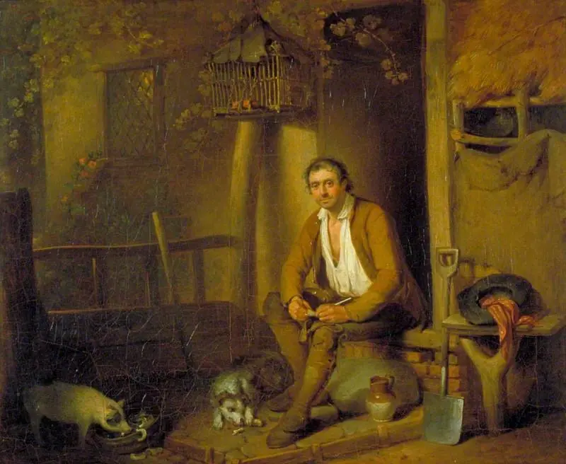 A Cottage Exterior: A Seated Labourer Filling His Pipe, by William Redmore Bigg