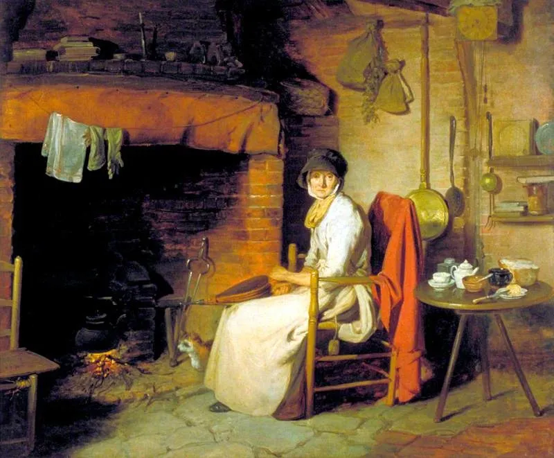A Cottage Interior: An Old Woman Preparing Tea, by William Redmore Bigg, oil, 1797