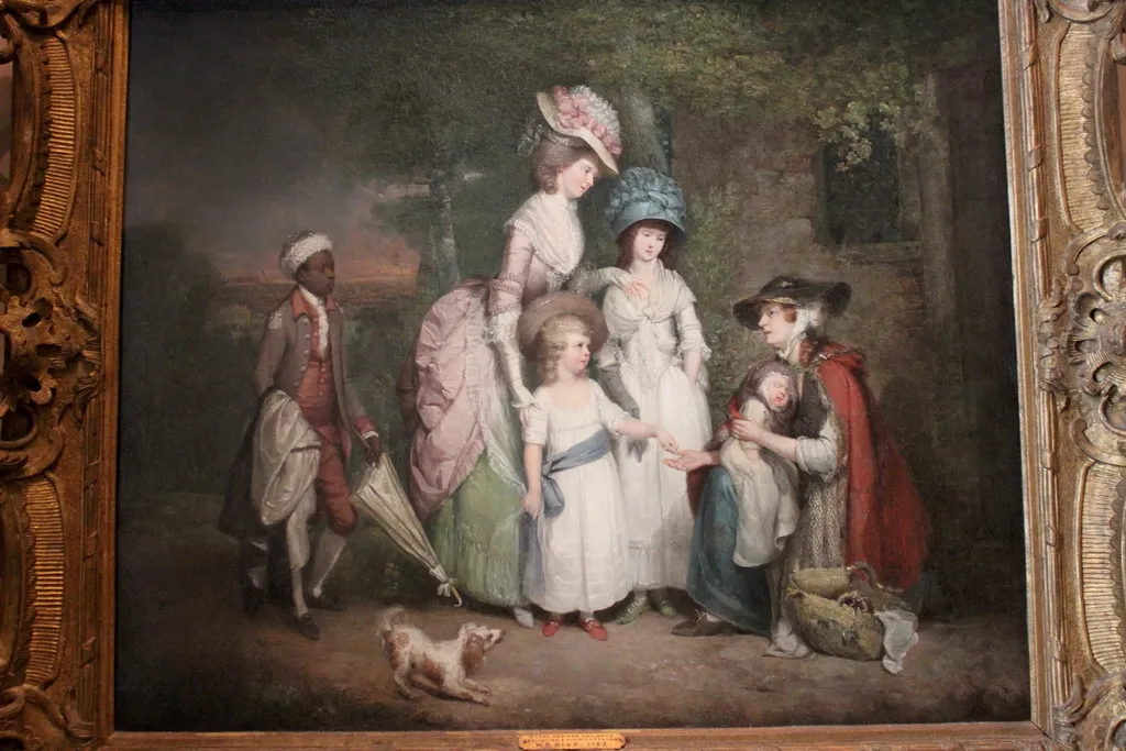 A Lady and Her Children Relieving a Cottager, by William Redmore Bigg, oil, 1791