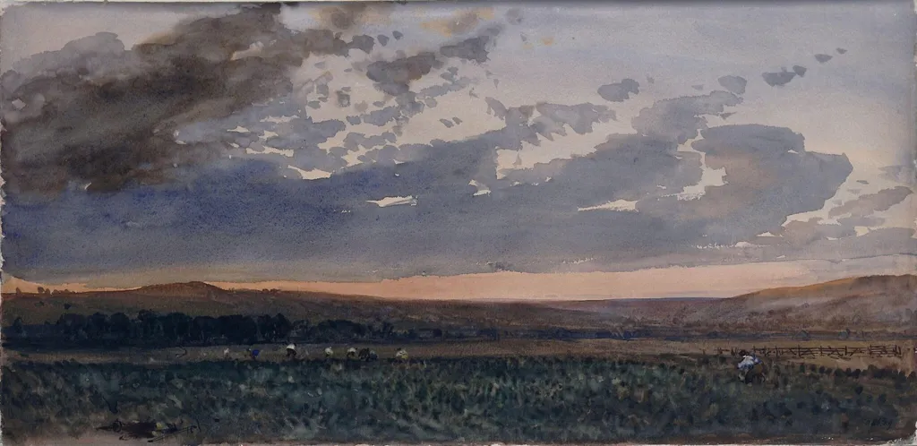 Landscape with rustics working: evening effect, by William Roxby Beverley, watercolor, 1830