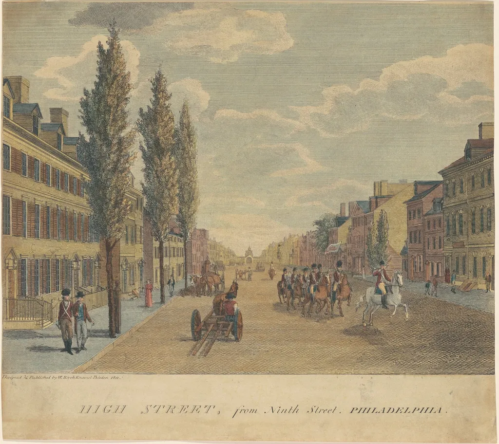 High Street, from Ninth Street, Philadelphia, by William Russell Birch, ink, 1800