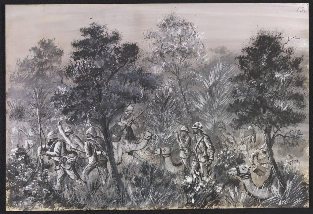 Attack on Convoy of Wounded under Col. Talbot. Feb. 1885., by William S. Perry, watercolor, 1885