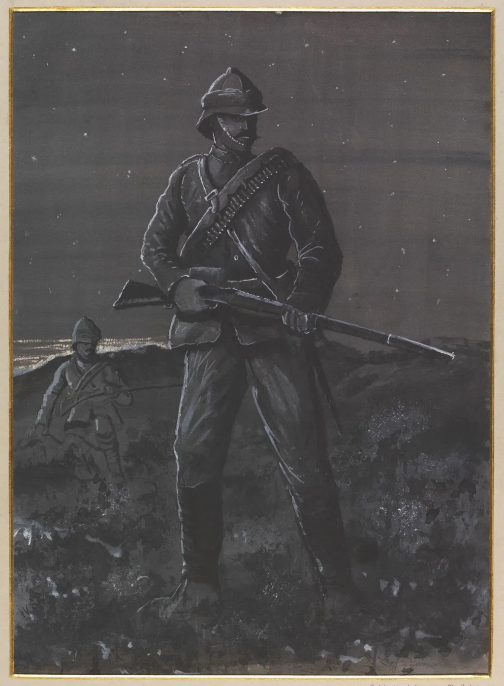 Outpost duty at El Gubat. Night., by William S. Perry, watercolor, 1886