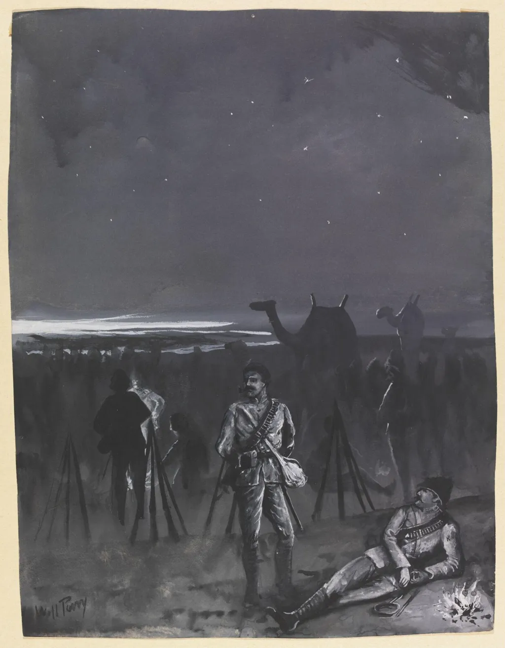Scene With Soldiers At Night, by William S. Perry, watercolor, 1885