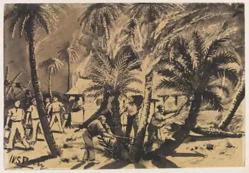 The Heavies Camp on fire at Hafir April 1885, by William S. Perry