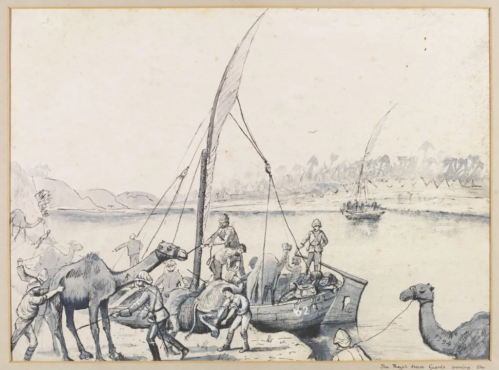 The Royal Horse Guards crossing the Nile at Handak, by William S. Perry, watercolor, 1884