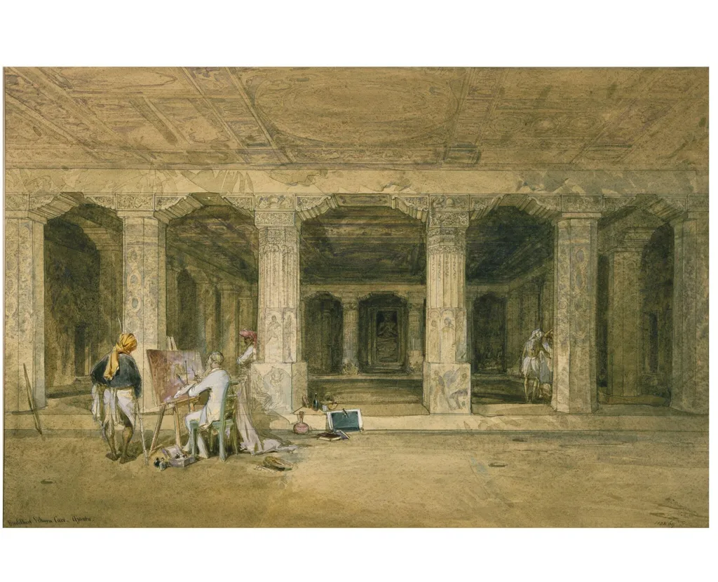 Buddhist vihara cave, Ajanta, by William Simpson, paint, 1862