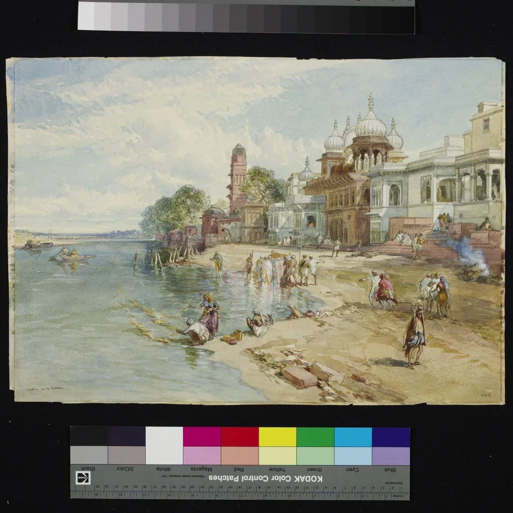 Ghats on the banks of the river Jumna, Mathura, by William Simpson, paint, 1865