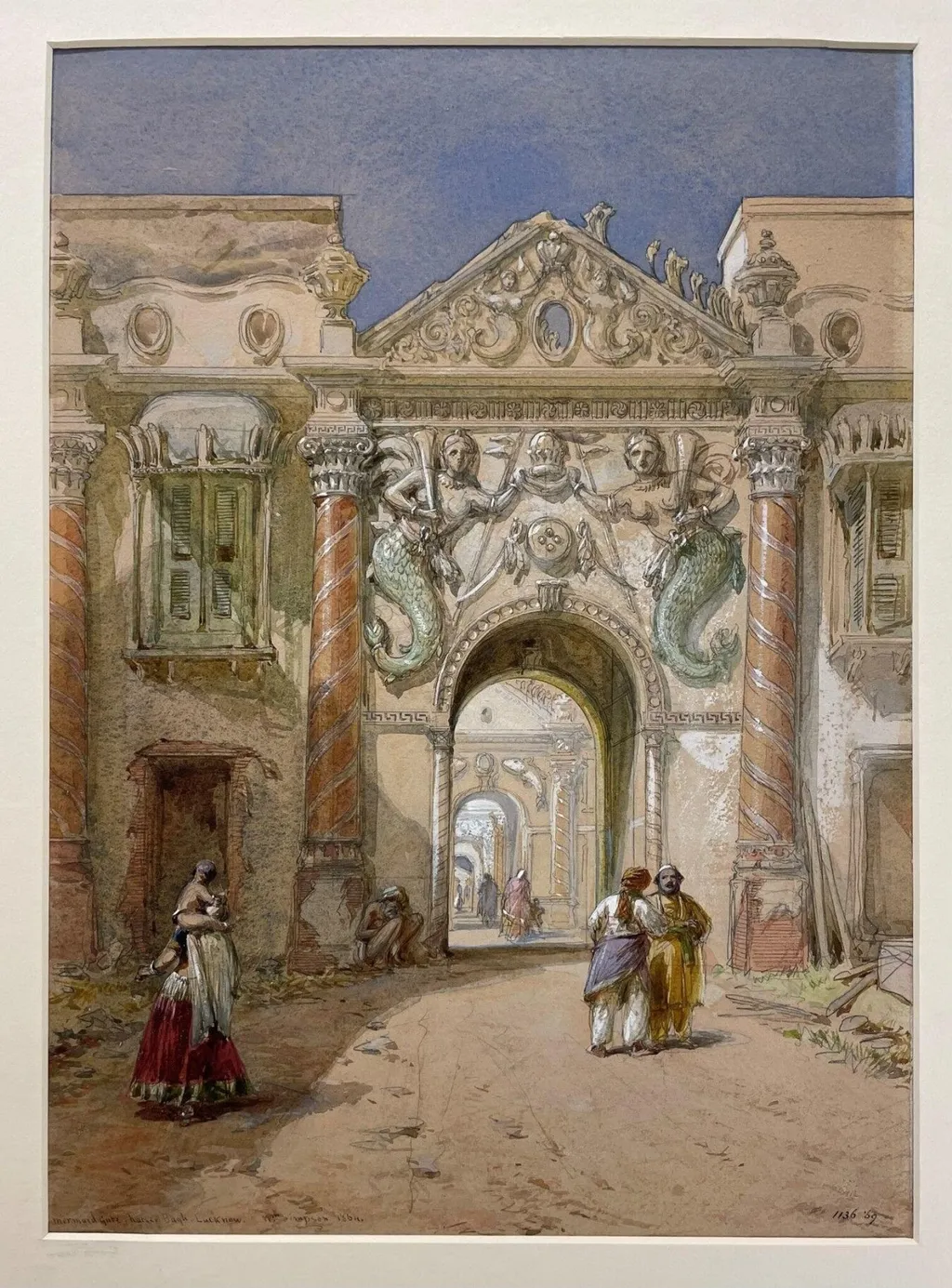 Mermaid gate, Kaiserbagh, Lucknow, by William Simpson, paint, 1864