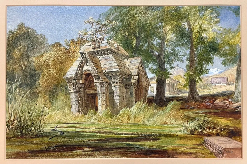 Pandrethan temple, Srinagar, by William Simpson, paint, 1865