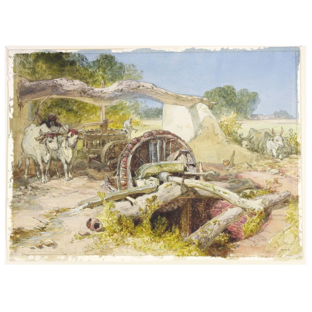 Persian wheel near Amritsar, by William Simpson, paint, 1865