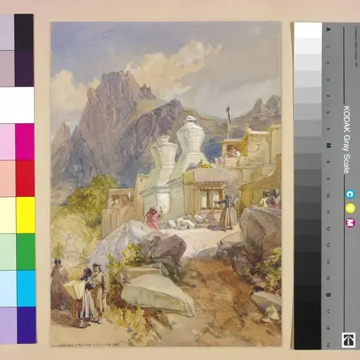 Praying cylinders in the village of Kulsi on the Indus, by William Simpson