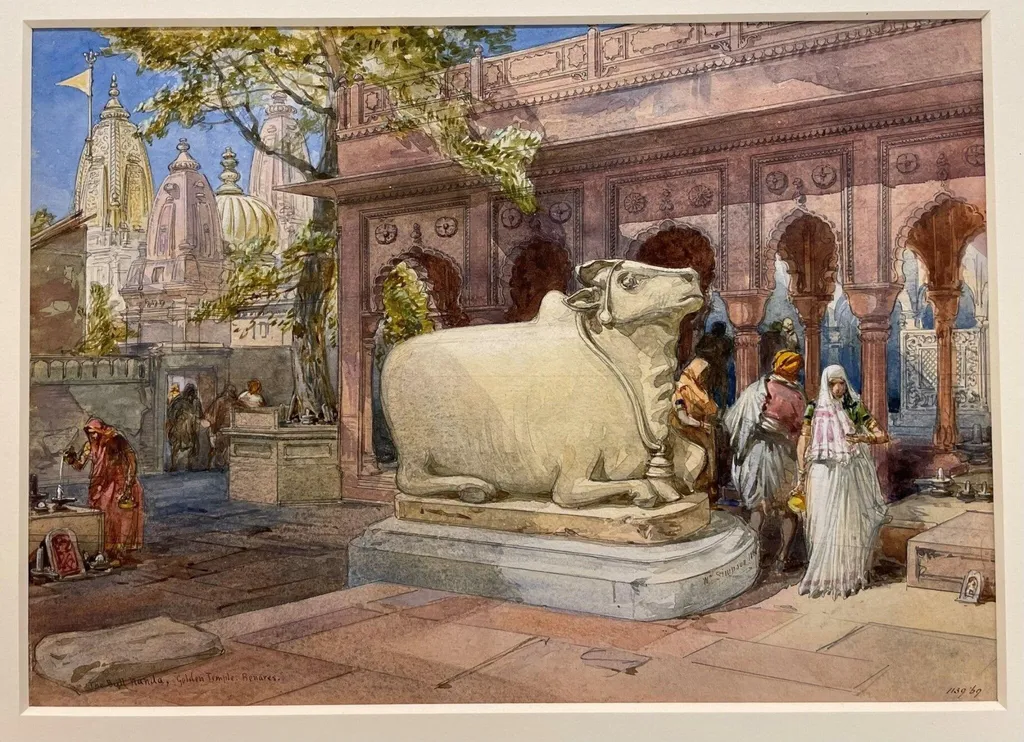The Bull Nandi in the courtyard of the Golden Temple, Benares, by William Simpson, paint, 1866