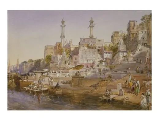 The Mosque of Aurangzeb and Panchganga Ghat from the Ganges, Benares., by William Simpson