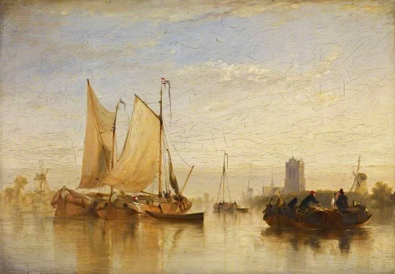 Passage Boats Becalmed on the Maas at Dort, by William Simson, oil, 1827