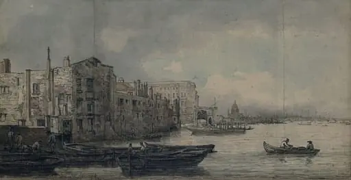 The Thames, showing Somerset House in the course of construction, by William Sr Sherlock