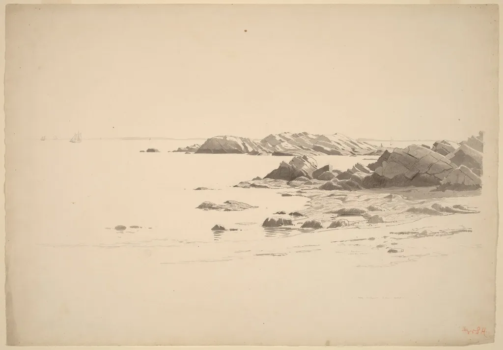 Rocklined Beach with Distant Boats, by William Stanley Haseltine, ink, 1864
