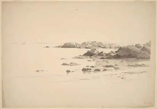 Rocklined Beach with Distant Boats, by William Stanley Haseltine