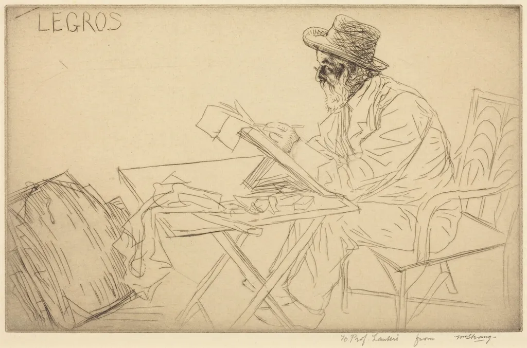 Alphonse Legros Sketching, by William Strang, ink, 1913