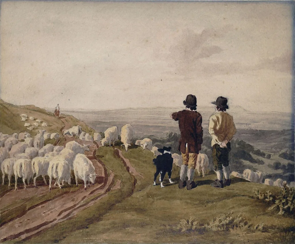 Landscape with Sheep and Figures, by William Turner, watercolor, 1810