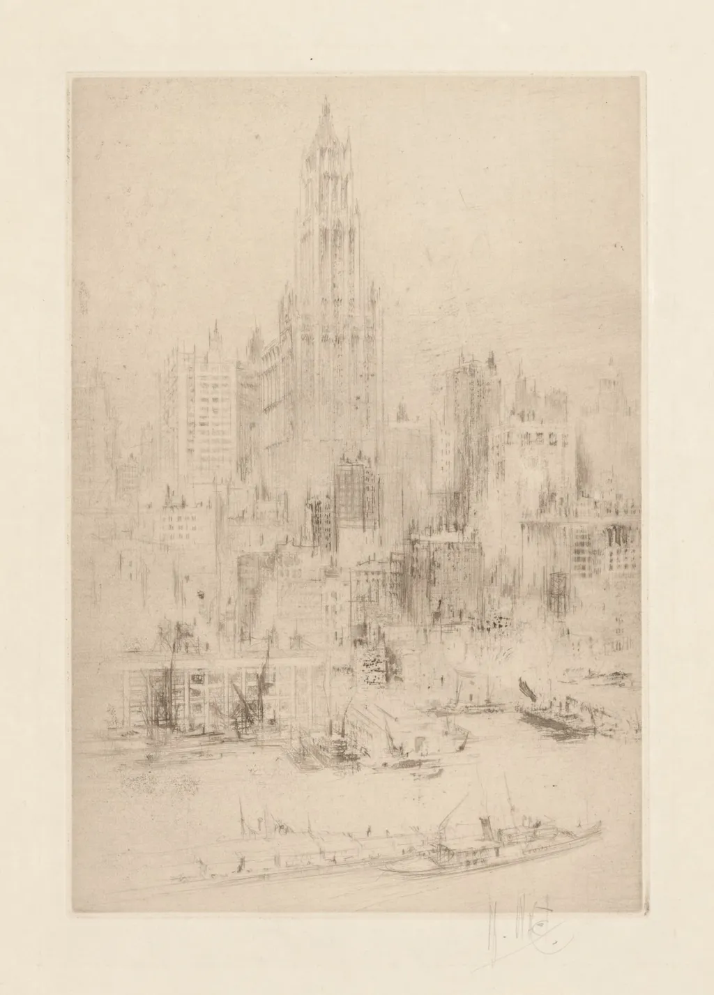 Downtown Manhattan from the East River, with the Woolworth Building, by William Walcot, 1924
