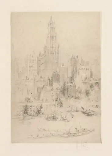 Downtown Manhattan from the East River, with the Woolworth Building, by William Walcot