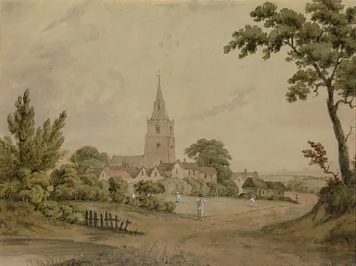 Village church and green, by William Westall