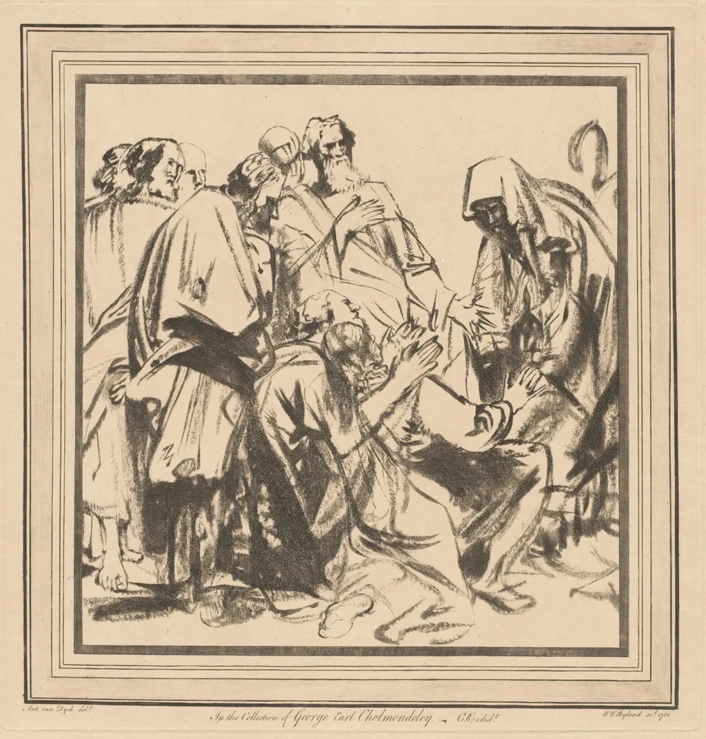 Jacob Persuaded to Send Benjamin with His Brethren into Egypt, by William Wynne Ryland, ink, 1762