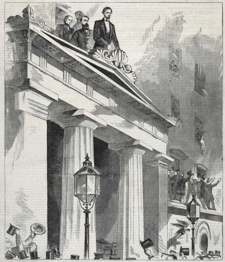 Abraham Lincoln, The President Elect, addressing the People from the Astor House Balcony, February 9, 1861, by Winslow Homer, 1861