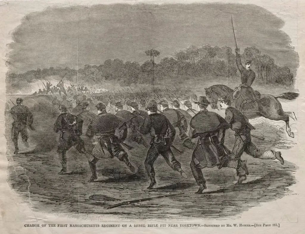 Charge of the First Massachusetts Regiment on a Rebel Rifle Pit near Yorktown, by Winslow Homer, 1862