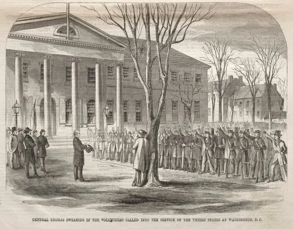 General Thomas Swearing in the Volunteers Called into the Service of the United States at Washington, D.C., by Winslow Homer, 1861