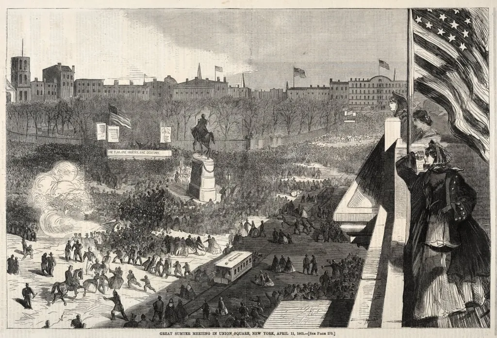 Great Sumter Meeting in Union Square, New York, April 11, 1863, by Winslow Homer, 1863