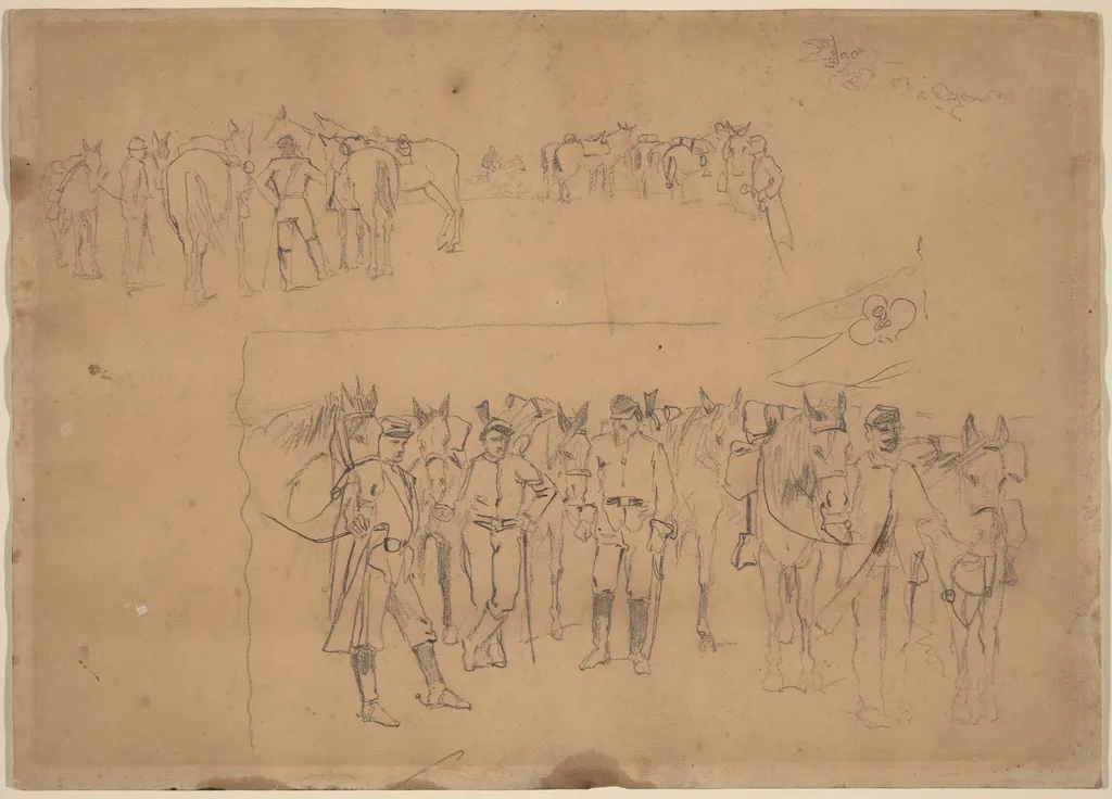 Officers and Horses at Rest, by Winslow Homer, graphite, 1864