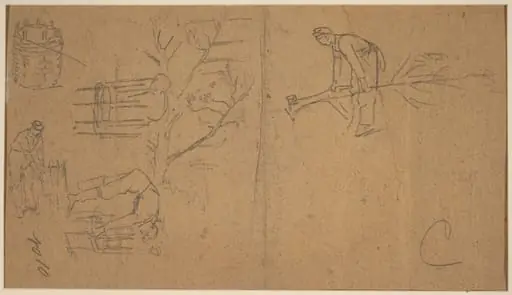 Soldiers felling sapling, and weaving saplings into baskets [verso], by Winslow Homer